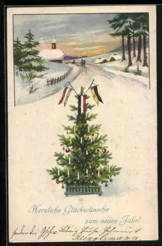 Glitzer-Perl-AK Weihnachtsbaum im glitzernden Schnee