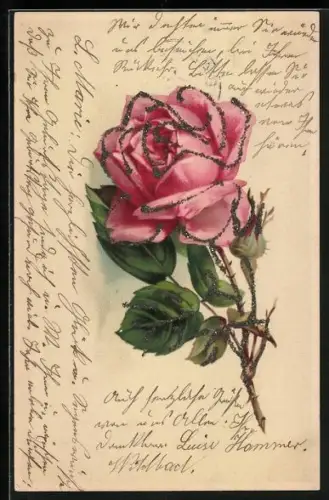 Glitzer-Perl-AK Rosane Rose in voller Blüte mit Glitzer-Perlen