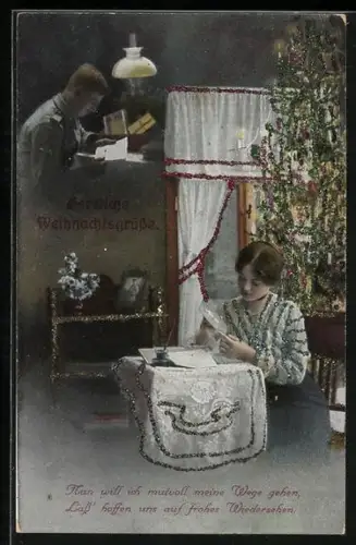 Glitzer-Perl-AK Soldat liest den Brief seiner Geliebten, Weihnachtsbaum dekoriert mit Glitzer-Perlen