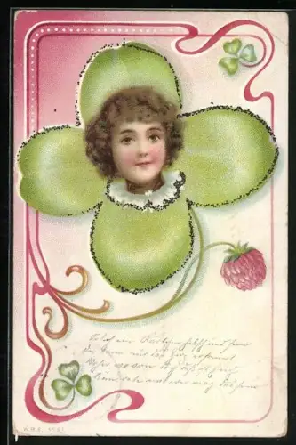 Glitzer-Perl-AK Kopf eines Kindes in einem Kleeblatt mit Glitzer-Perlen