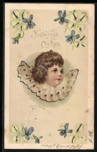 Glitzer-Perl-AK Engel mit Kleeblätter, dekoriert mit Glitzer-Perlen