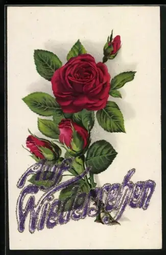Glitzer-Perl-AK Rote Rose mit glitzerndem Schriftzug Auf Wiedersehen