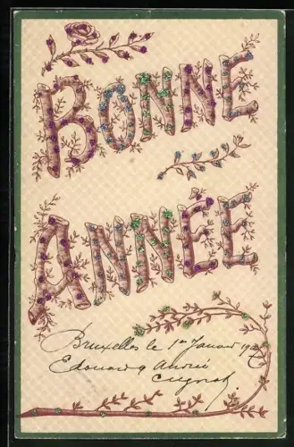 Glitzer-Perl-AK Schriftzug Bonne Année mit Glitzer-Perlen verziert