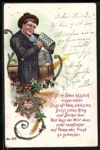 Glitzer-Perl-AK Mann schaut in einen leeren Bierkrug, Verzierungen mit Glitzer-Perlen dekoriert