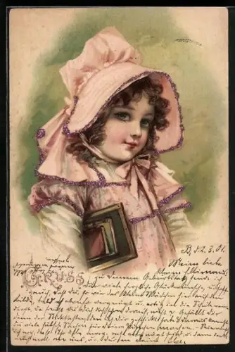 Glitzer-Perl-AK Porträt eines Mädchens mit Haube mit Glitzer-Perlen