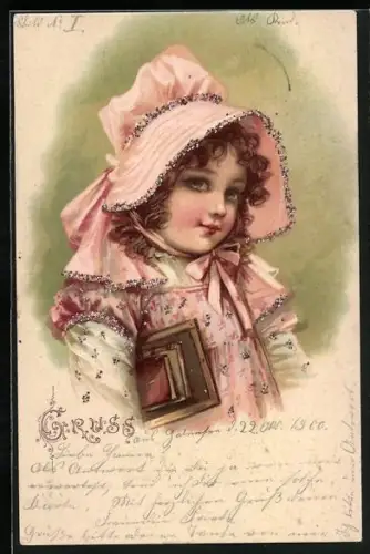 Glitzer-Perl-AK Porträt eines Mädchens mit Haube mit Glitzer-Perlen verziert