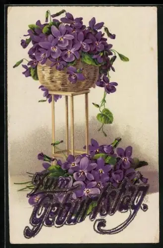 Glitzer-Perl-AK Veilchen mit glitzerndem Schriftzug Zum Geburtstag