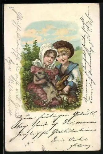 Glitzer-Perl-AK Zwei Kinder mit Hasen mit Perlen dekoriert