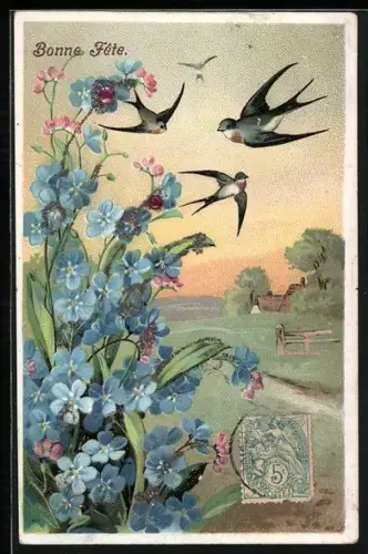 Glitzer-Perl-AK Schwalben kreisen um die glitzernden Vergissmeinnicht