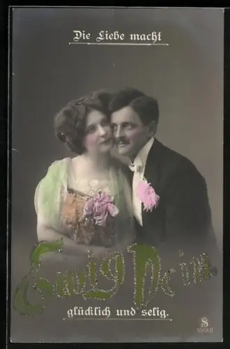 Glitzer-Perl-AK Paar in inniger Pose mit glitzerndem Schriftzug Ewig Dein