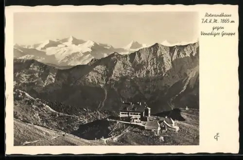 AK Rotwandhaus T. A. K. M., Berghütte gegen Venediger-Gruppe