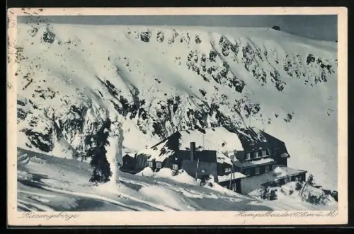 AK Hampelbaude, Berghütte im Riesengebirge im Schnee