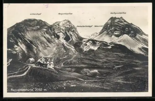 AK Rappenseehütte, Berghütte mit Rotgundspitze, Hochgundspitze und Linkerskopf