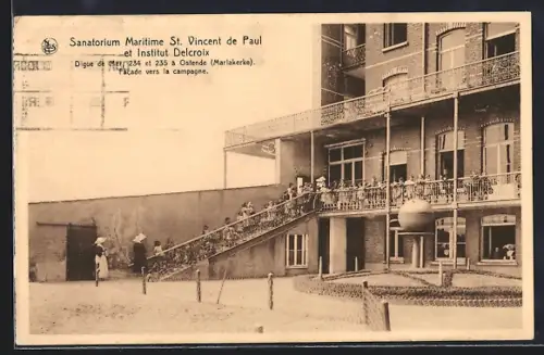 AK Ostende, Mariakerke, Sanatorium Maritime St. Vincent de Paul et Institut Delcroix, facade vers la campagne