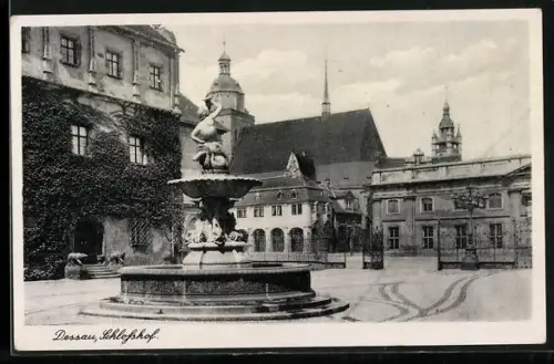 AK Dessau, Schlosshof mit Springbrunnen
