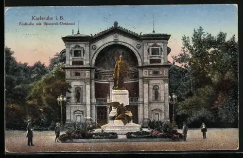 AK Karlsruhe, Festhalle mit Bismarck-Denkmal