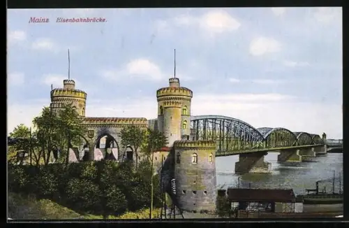 AK Mainz, Gesamtansicht der Eisenbahnbrücke
