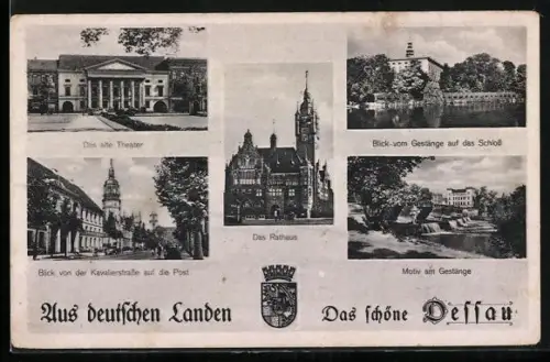 AK Dessau, Altes Theater, Rathaus, Schloss, Post, Motiv am Gestänge