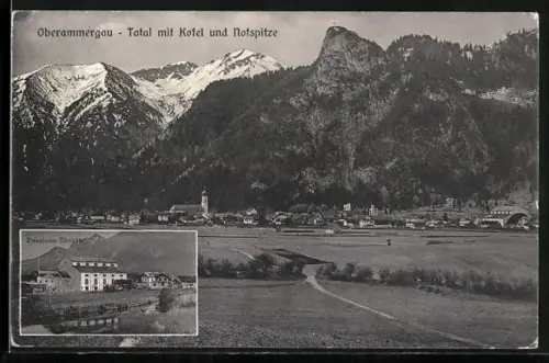 AK Oberammergau, Ortsansicht mit Kofel u. Notspitze, Passionstheater