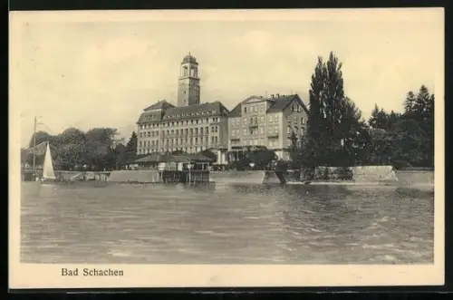 AK Bad Schachen, Die Uferpromenade vom Wasser aus