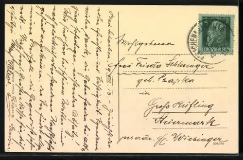 AK Bad Schachen, Die Uferpromenade vom Wasser aus