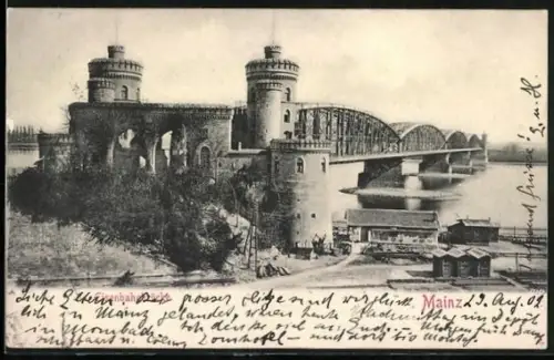 AK Mainz, Blick auf die Eisenbahnbrücke