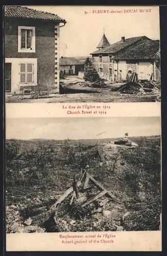 AK Fleury, La Rue de l`Église en 1914, Emplacement actuel de l`Église