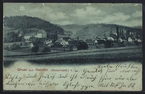 Mondschein-AK Gamlitz /Steiermark, Teilansicht mit Bäumen