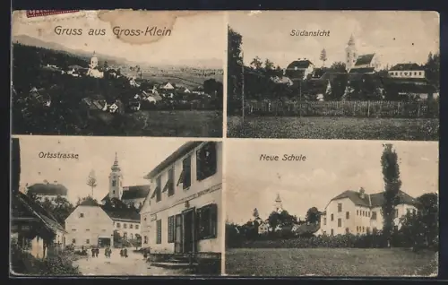 AK Grossklein, Ortsstrasse mit Blick zur Kirche, Neue Schule