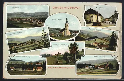 AK Obdach, Kirche, Marktplatz und Ortspanorama
