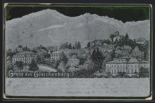 Künstler-AK Gleichenberg, Teilansicht mit Bergen