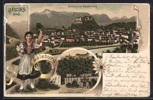 Lithographie Salzburg, Teilansicht vom Kappuzinerberg, Kapitelschwemme und Festung