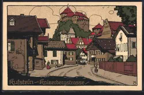 Steindruck-AK Kufstein, Kaiserbergstrasse mit Passanten