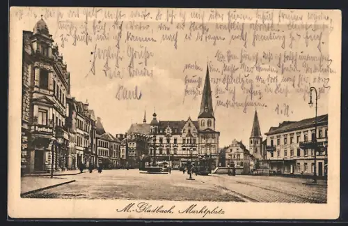 AK M.-Gladbach, Marktplatz mit Hotel, Strassenbahn, Brunnen u. Türmen