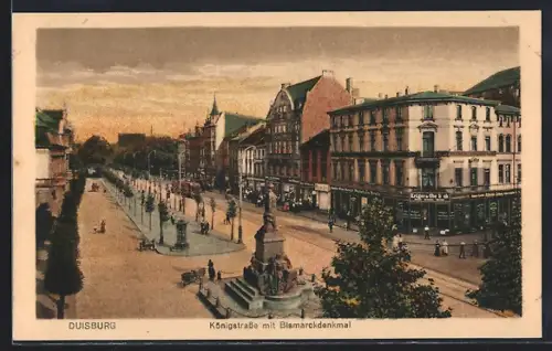 AK Duisburg, Königstrasse mit Bismarckdenkmal aus der Vogelschau