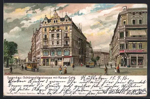 Lithographie Berlin-Spandau, Schönwalderstrasse mt Kaiser-Kaffe, Strassenbahn