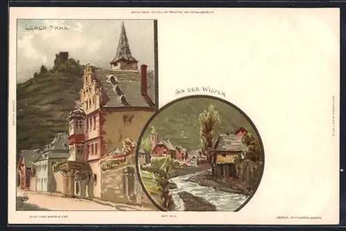 Künstler-AK C.Biese: Lorch / Rhein, Partie aus dem Ort und Partie an der Wisper