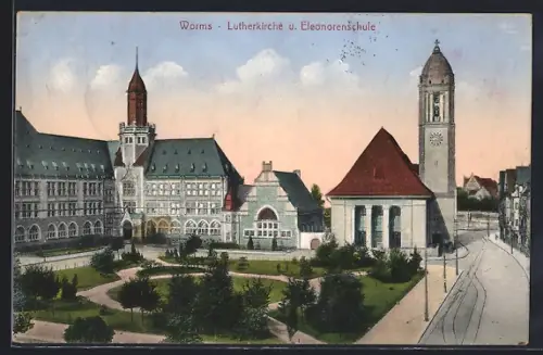 AK Worms, Ansicht der Lutherkirche mit Eleonorenschule