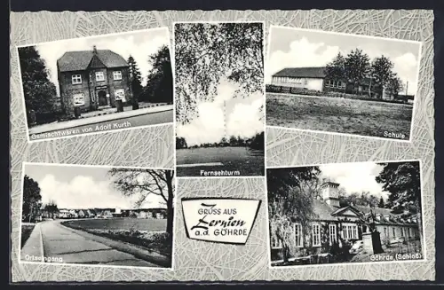 AK Zernien a. d. Göhrde, Gemischtwaren A. Kuth, Ortseingang, Schule