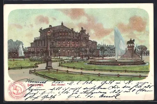Lithographie Dresden, Kgl. Theater mit Reiterdenkmal u. Anlagen