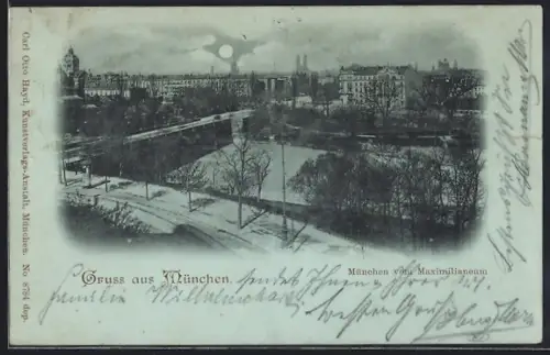 Mondschein-AK München, Stadtansicht vom Maximilianeum aus