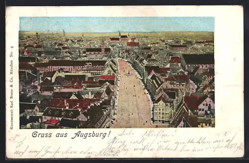 Goldfenster-AK Augsburg, Teilansicht mit Strassenpartie