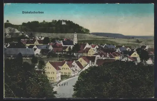 AK Dinkelscherben, Ortsansicht mit Strasse u. Umgebung aus der Vogelschau