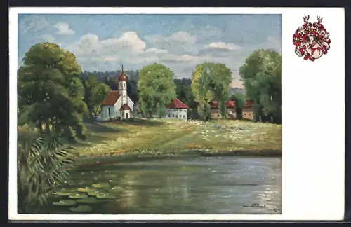 Künstler-AK Hilpoltstein, Rotsee bei Hirschberg, Seepartie mit Ortspanorama, Wappen