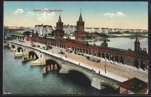 AK Berlin-Friedrichshain, Stadtbahn und Verkehr auf der Oberbaumbrücke