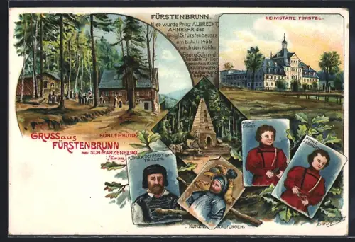 Lithographie Fürstenbrunn bei Schwarzenberg, Gasthaus Heimstätte Förstel, Köhlerhütte