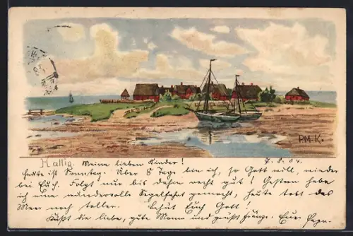 Künstler-Lithographie sign. P. Müller-Kaempft: Hallig Hooge, Partie am Strand