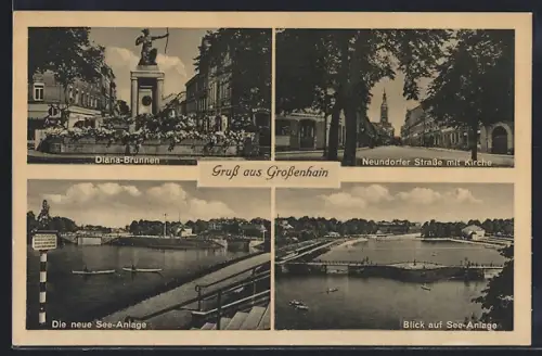 AK Grossenhain / Sachsen, Diana-Brunnen, See-Anlagen, Neundorfer Strasse