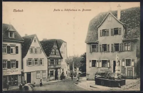 AK Marbach / Neckar, Schillerhaus mit Brunnen und Strasse