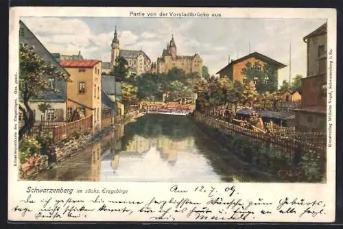 Künstler-AK Schwarzenberg im sächs. Erzgebirge, Partie von der Vorstadtbrücke aus